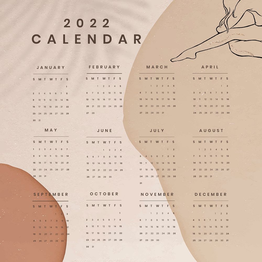 Aesthetic 2022 monthly calendar template psd, female body illustration