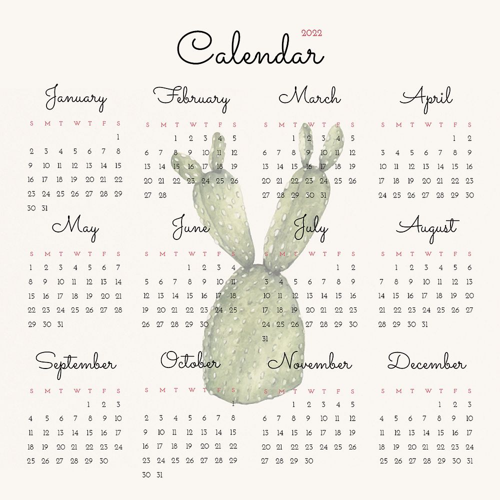 Cactus 2022 monthly calendar template psd, botanical watercolor illustration