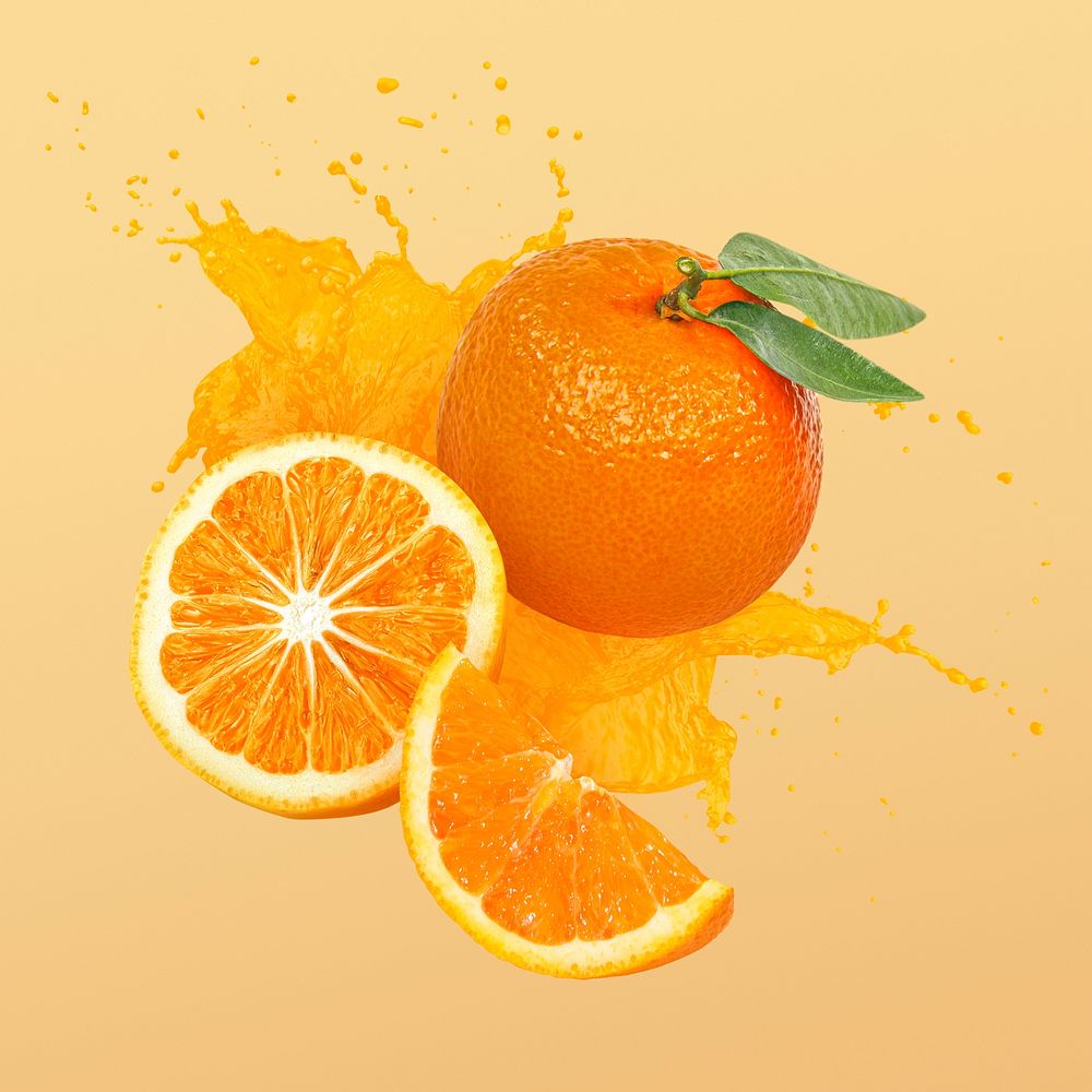 Orange juice splash clipart, abstract fruit photo psd