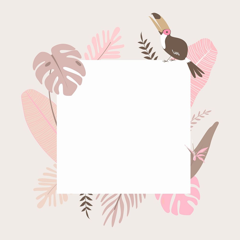 Pink botanical frame with tropical leaves and toucan bird vector