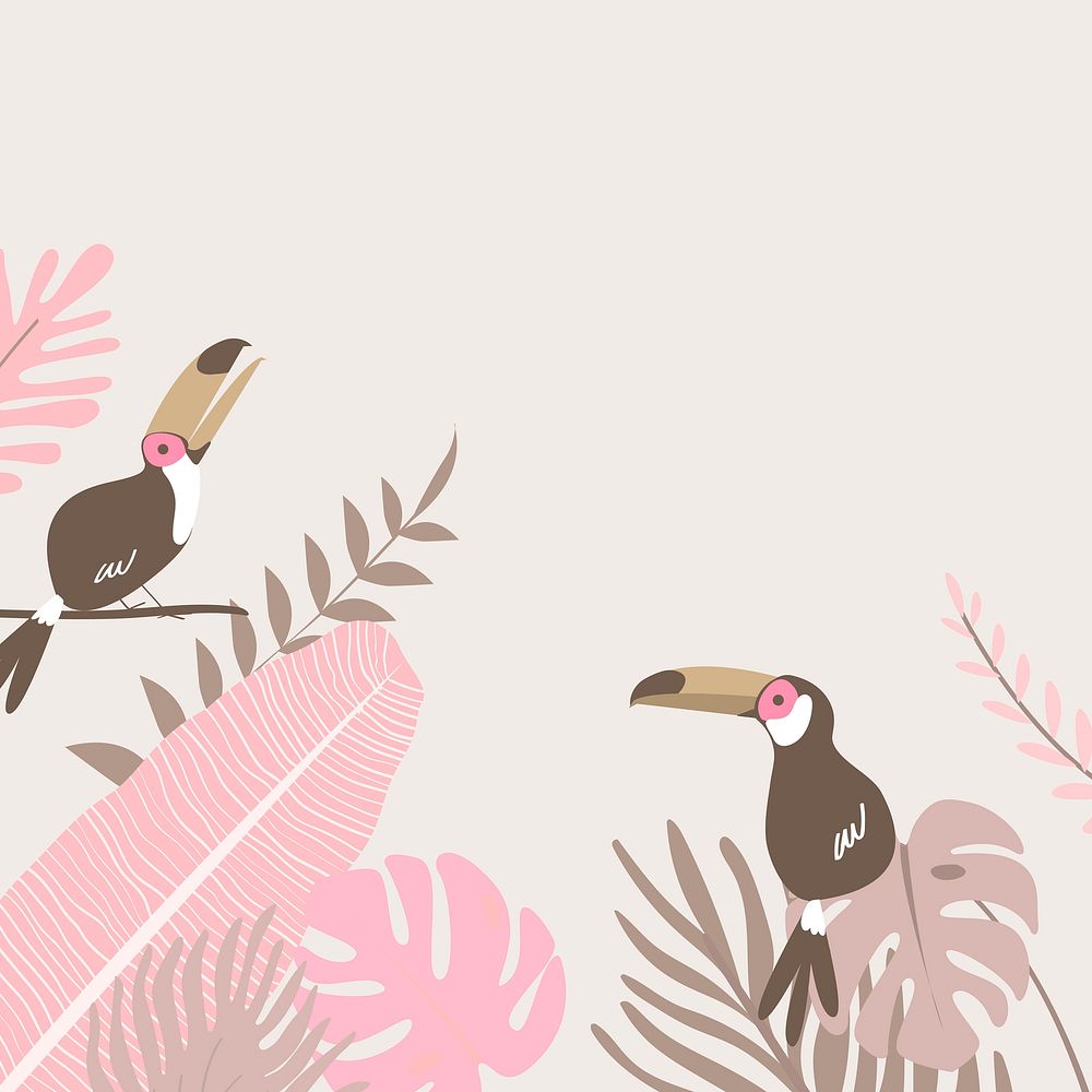 Pink botanical border frame, aesthetic tropical background with toucans vector