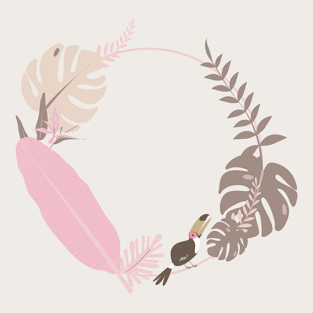 Rose gold botanical frame with tropical leaves and toucan bird