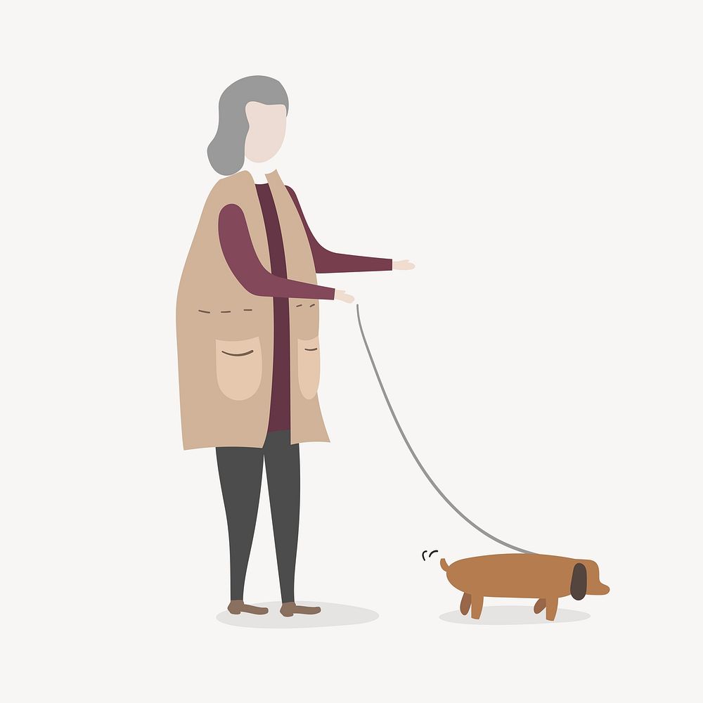 Woman walking dog clipart, cartoon illustration psd