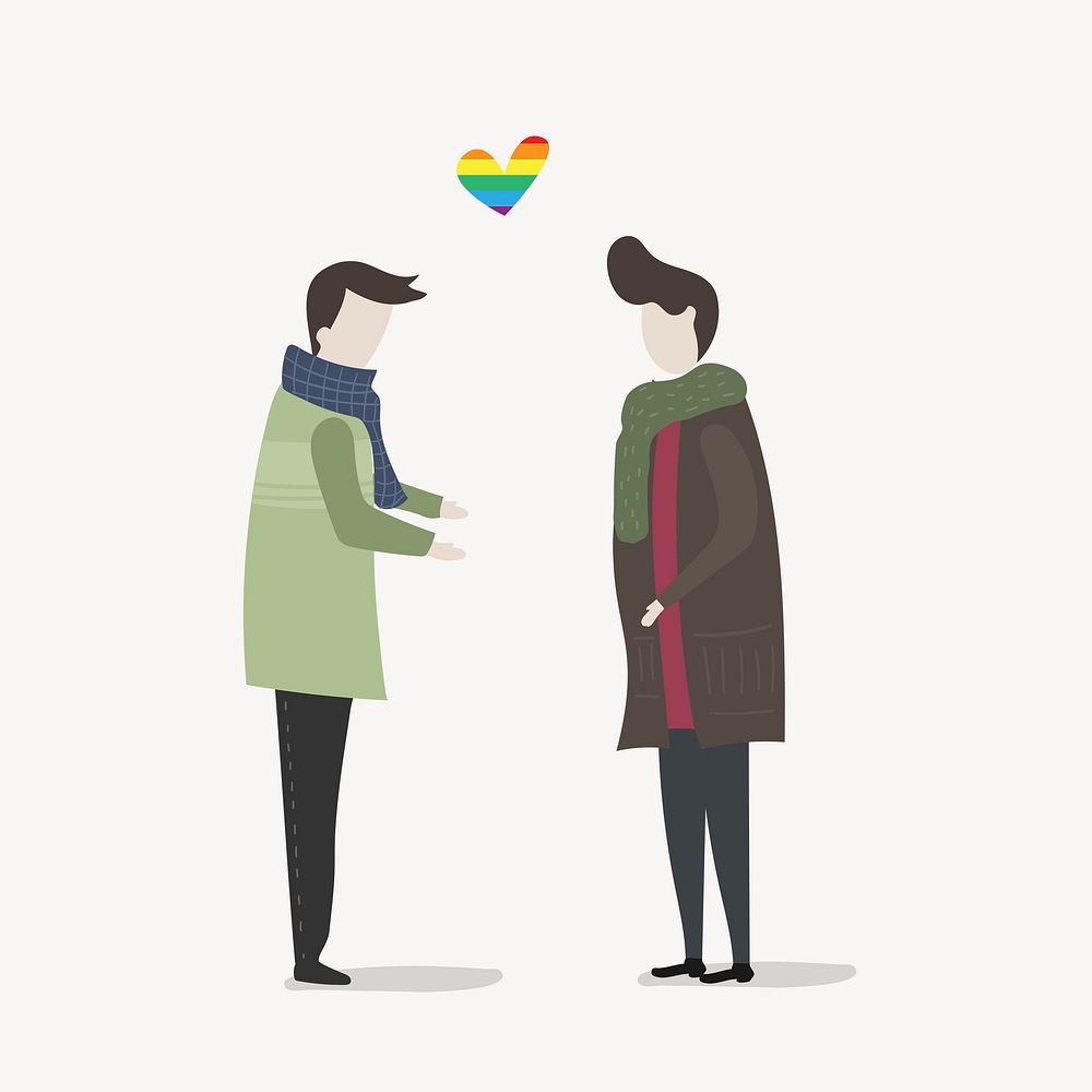 Gay couple clipart, aesthetic LGBTQ cartoon illustration psd