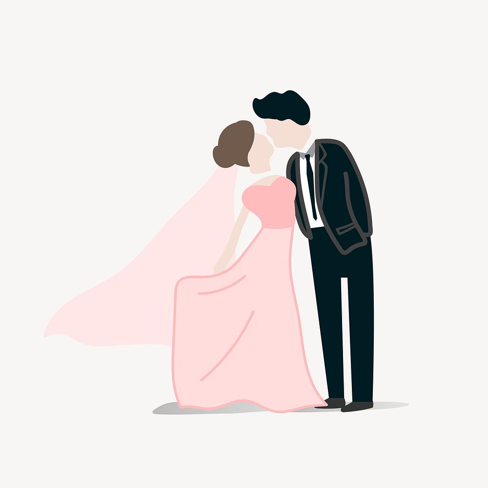 Bride and groom wedding clipart, cartoon illustration psd