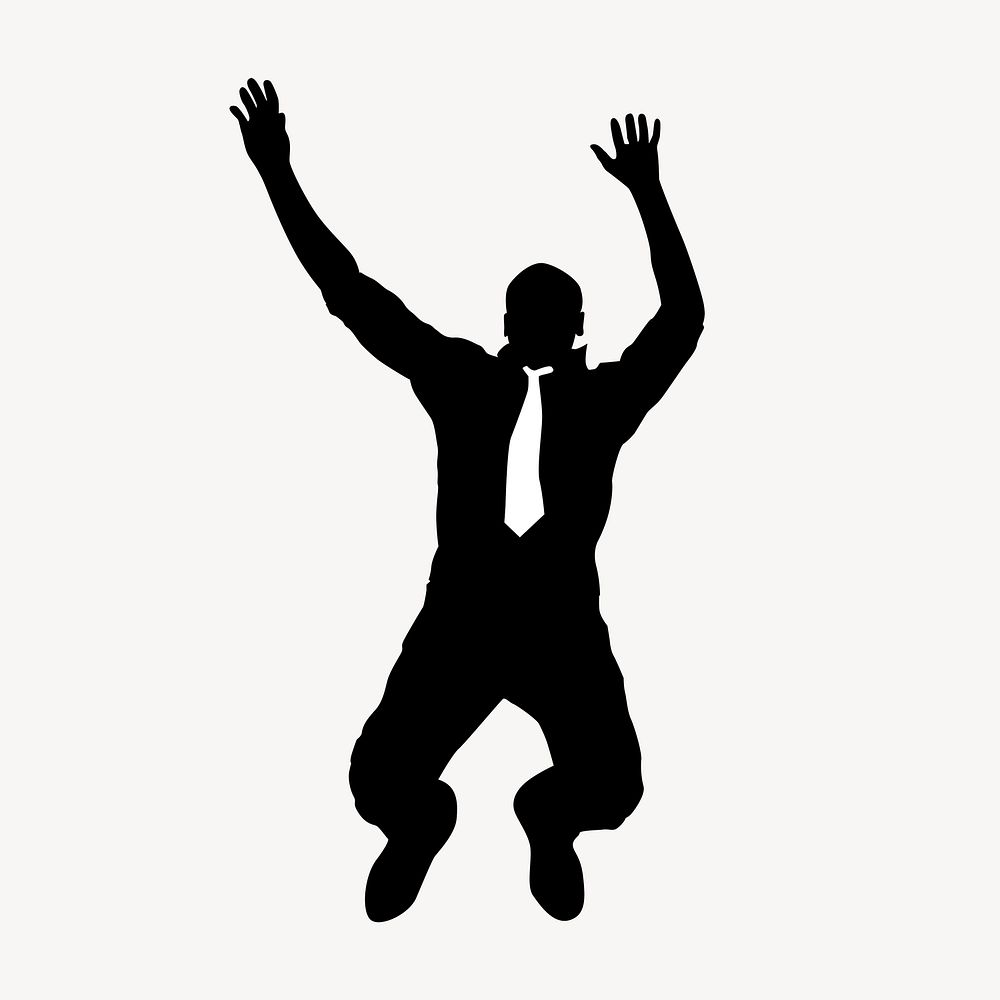 Businessman jumping silhouette sticker, excited gesture vector