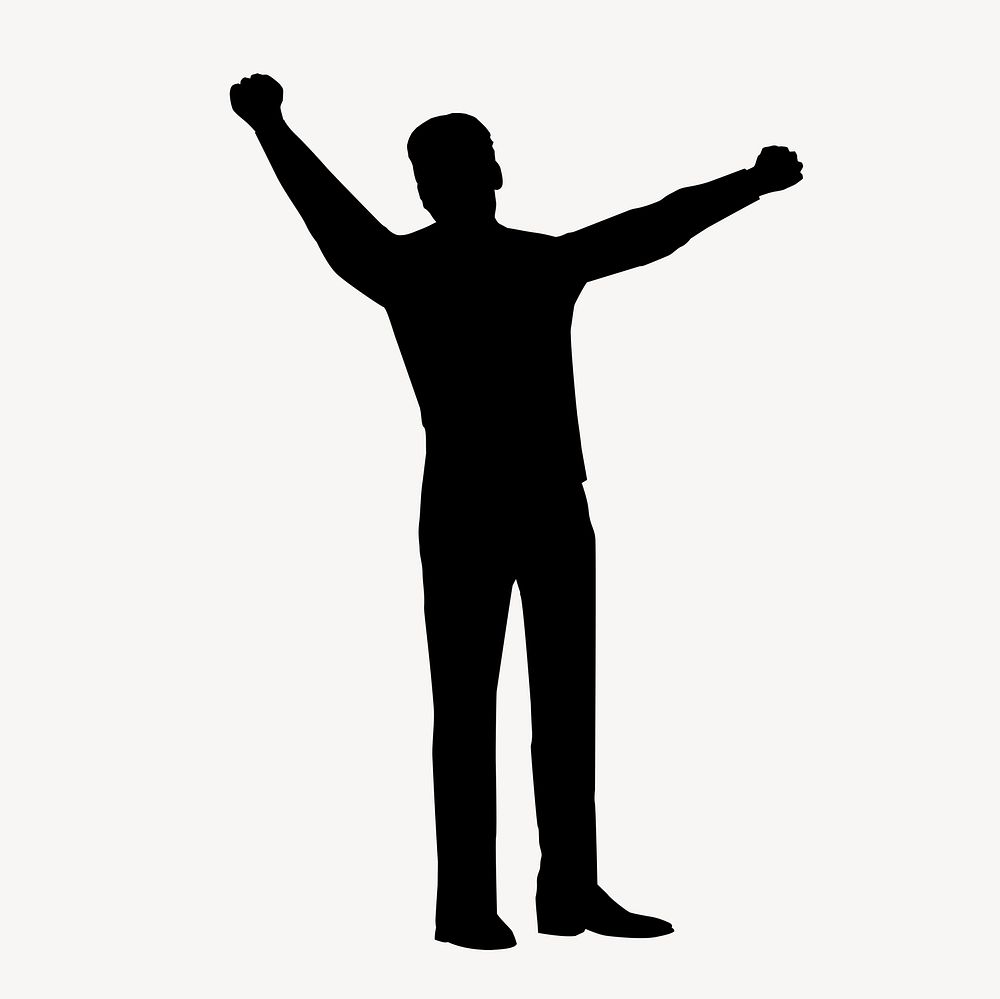 Businessman silhouette, raising fists in victory psd