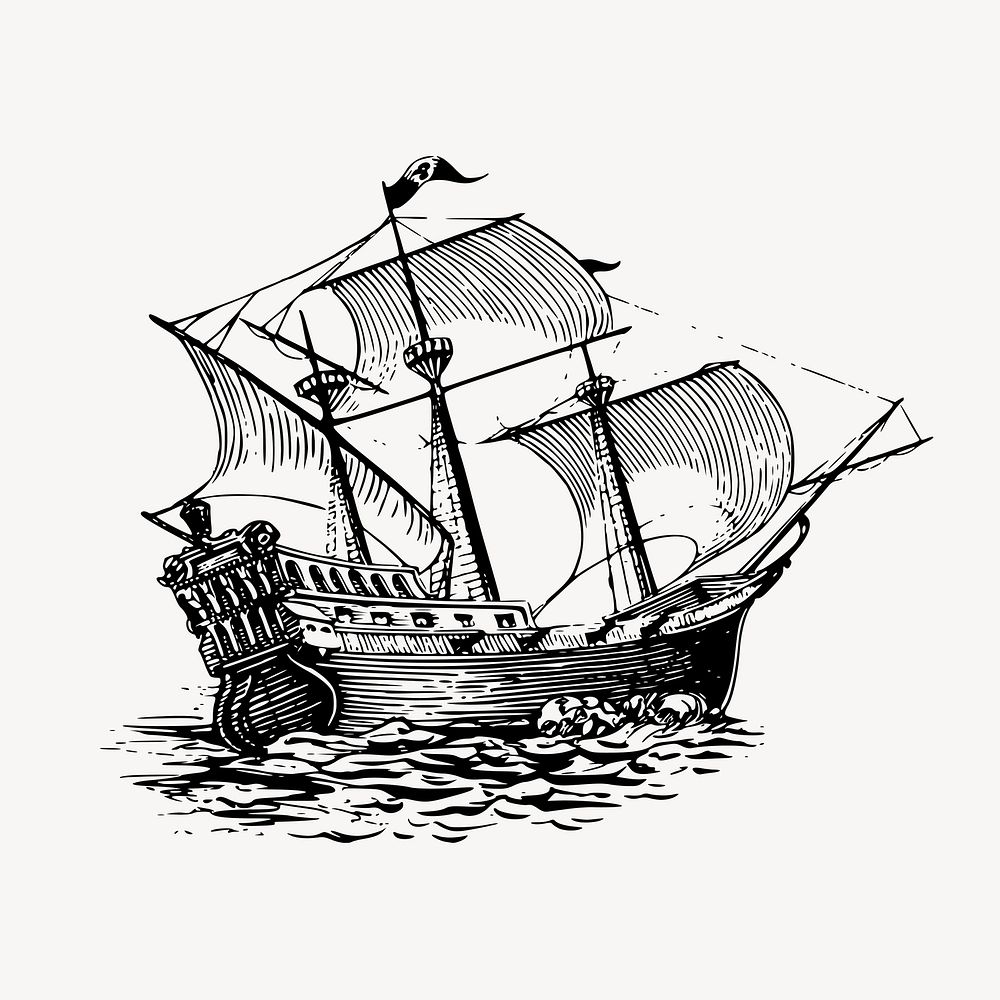 Vintage sailing ship, transportation clipart vector. Free public domain CC0 graphic