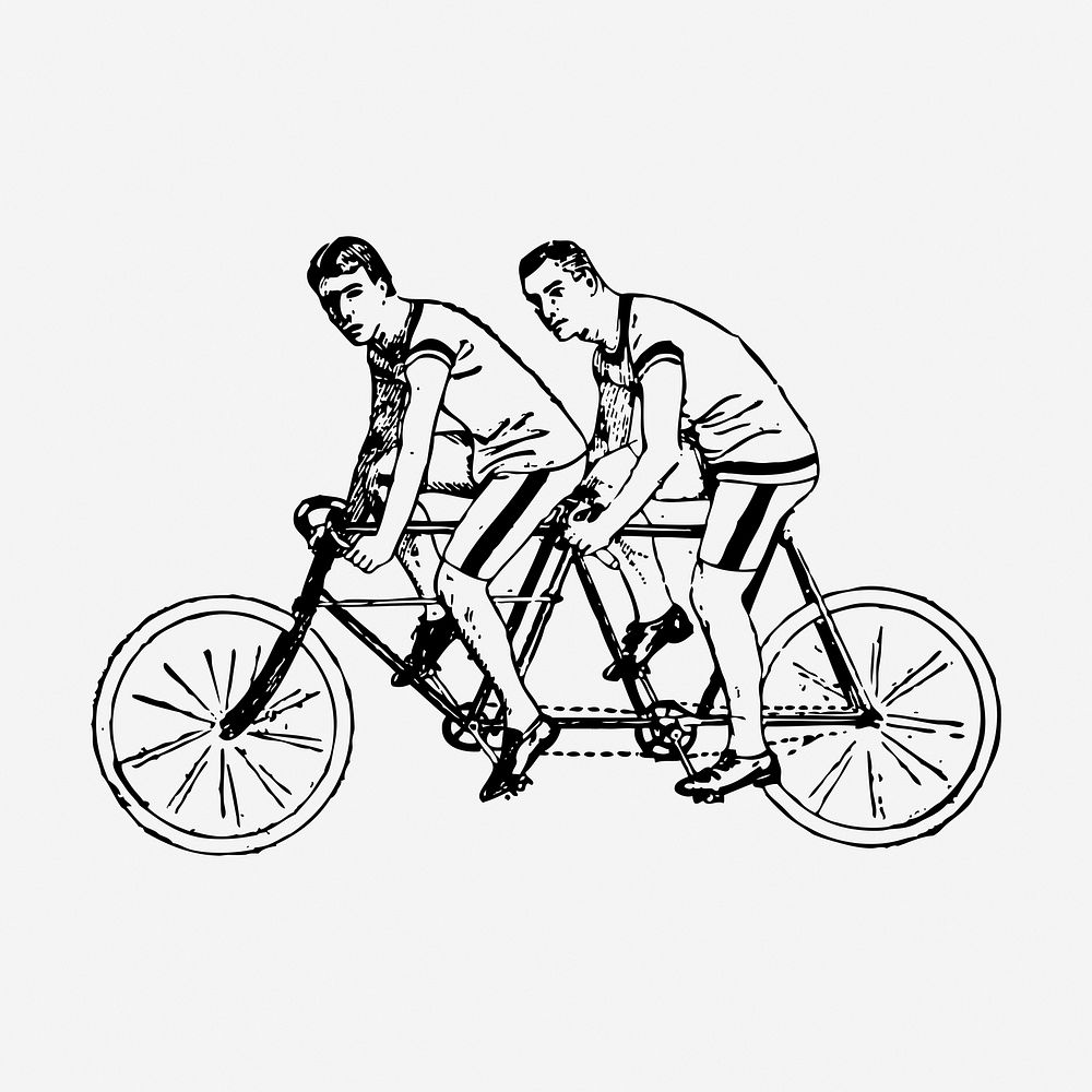 Men riding tandem bicycle illustration. Free public domain CC0 graphic
