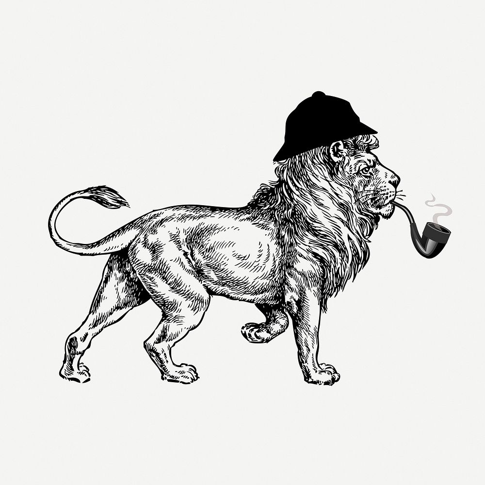 Vintage lion, animal illustration, pipe and hat psd. Free public domain CC0 graphic