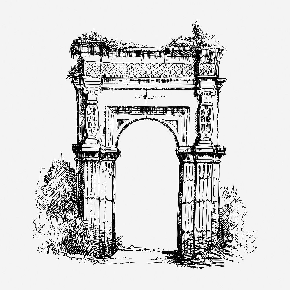 Archway monument hand drawn illustration. Free public domain CC0 image.