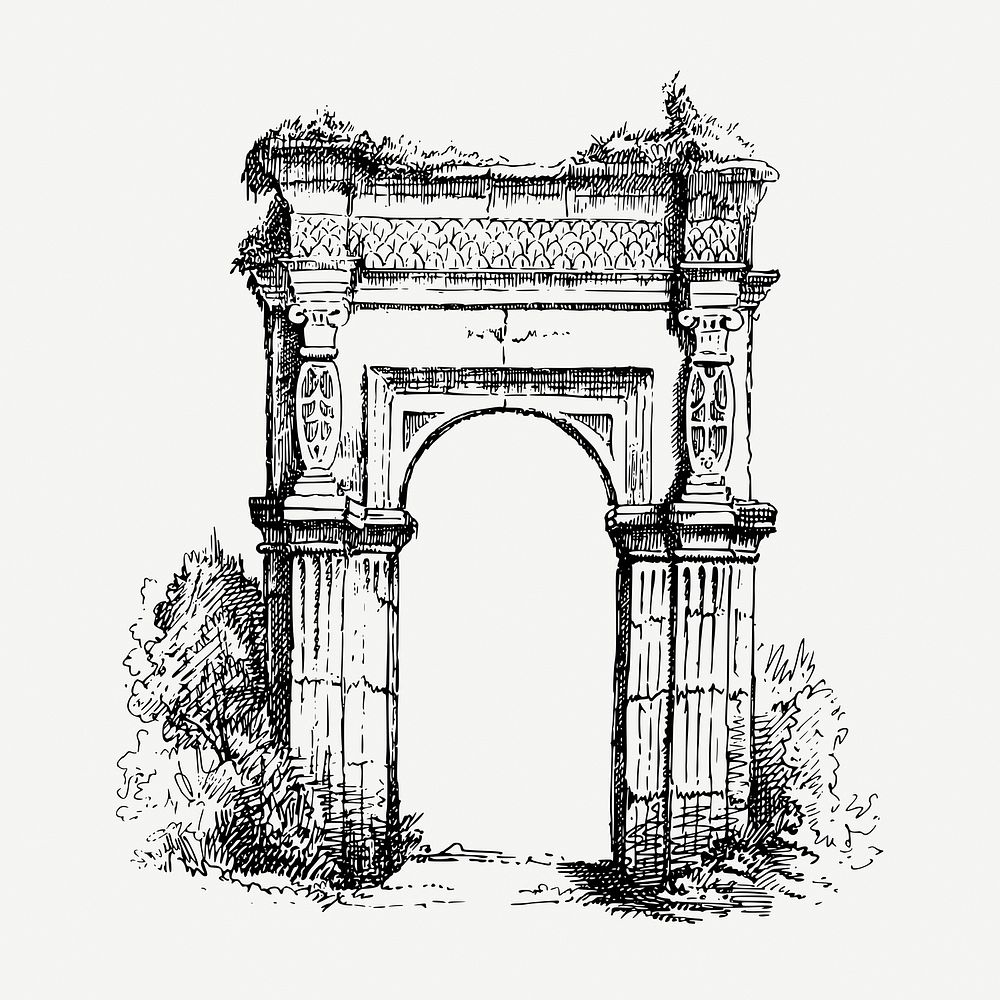 Archway monument collage element, vintage illustration psd. Free public domain CC0 image.