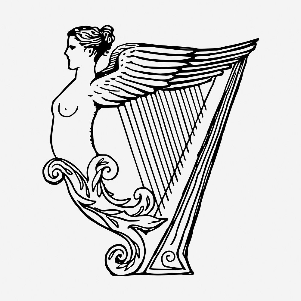 Vintage angel harp hand drawn illustration. Free public domain CC0 image.