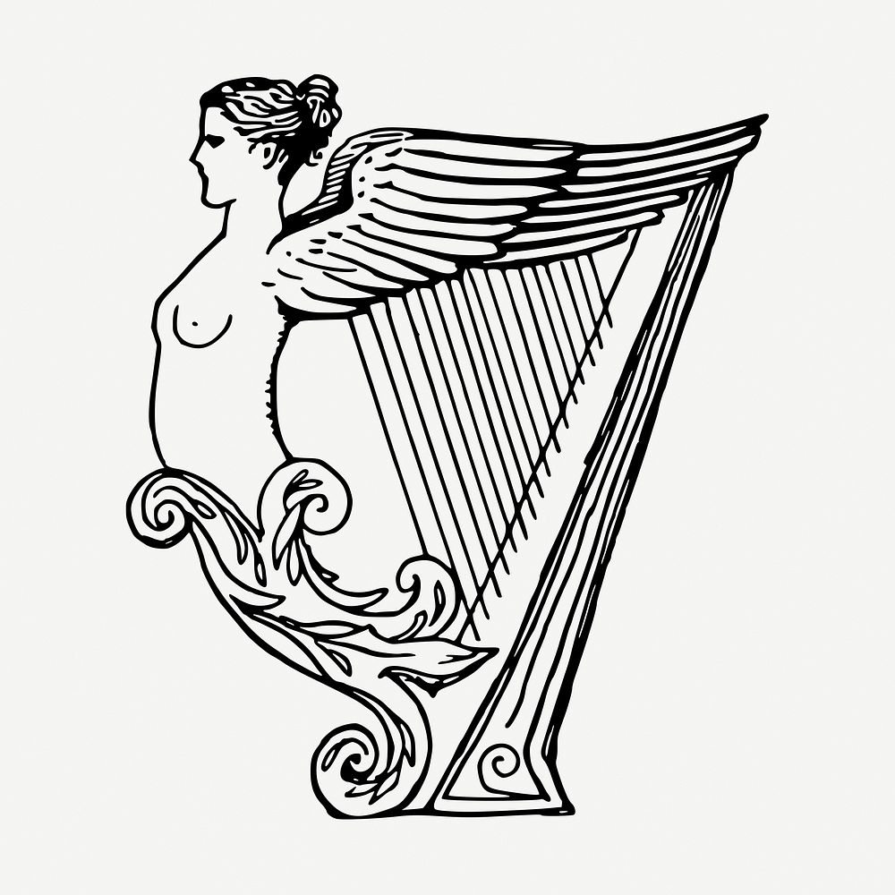 Angel harp drawing, vintage illustration psd. Free public domain CC0 image.