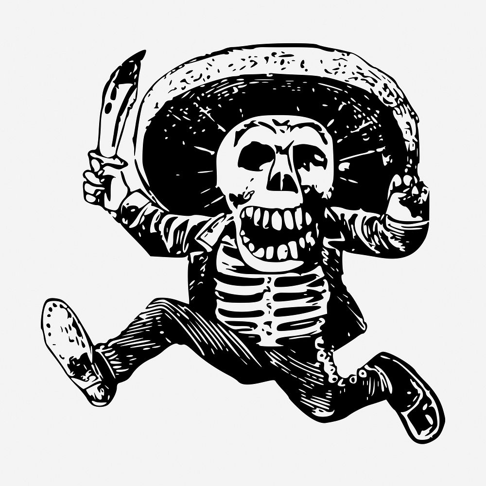 Mexican skeleton character hand drawn illustration. Free public domain CC0 image.