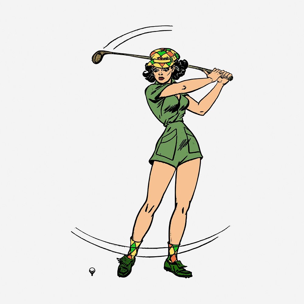 Vintage pinup golfer hand drawn illustration. Free public domain CC0 image.