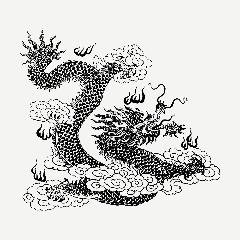 Asian dragon collage element, vintage illustration psd. Free public domain CC0 image.