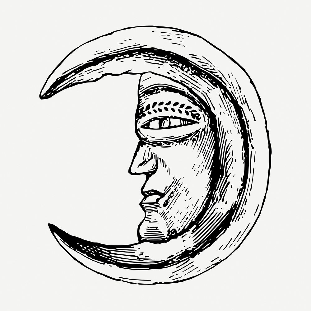 Mystical crescent moon collage element, vintage illustration psd. Free public domain CC0 image.