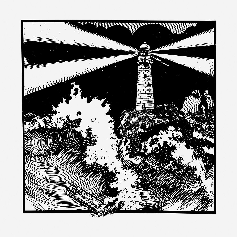 Lighthouse in storm hand drawn illustration. Free public domain CC0 image.