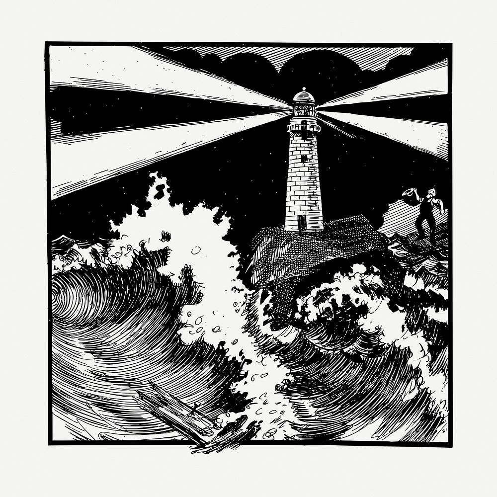 Lighthouse in storm collage element, vintage illustration psd. Free public domain CC0 image.