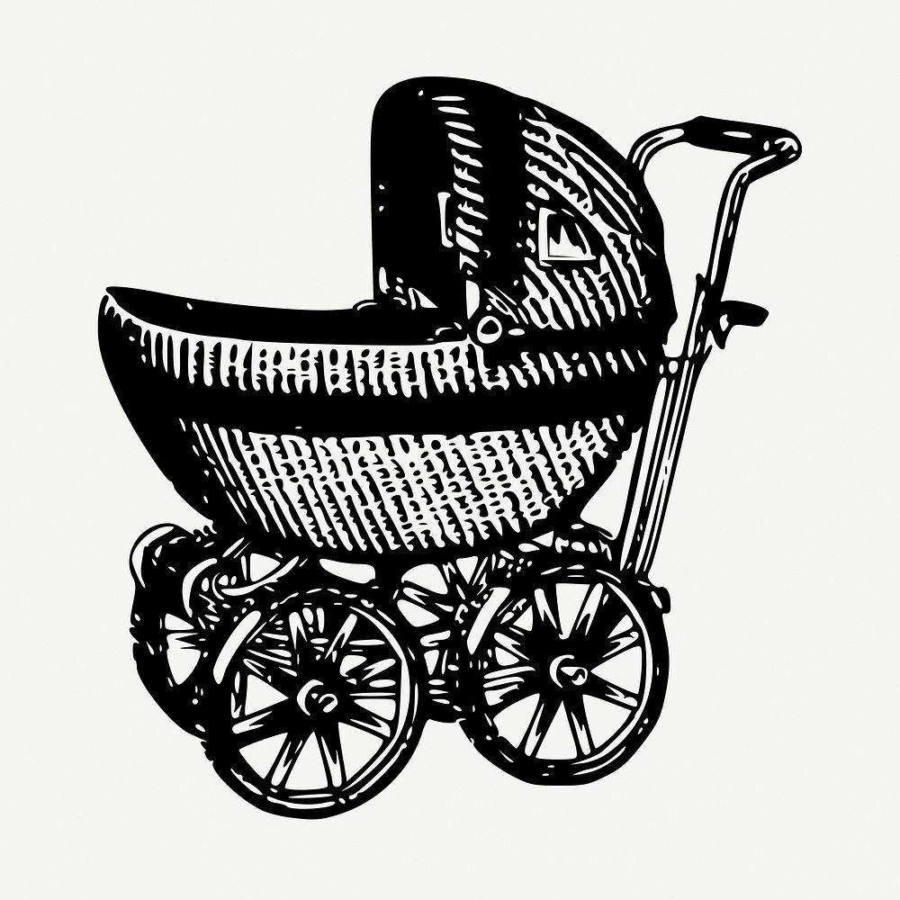 Antique baby buggy drawing, vintage illustration psd. Free public domain CC0 image.