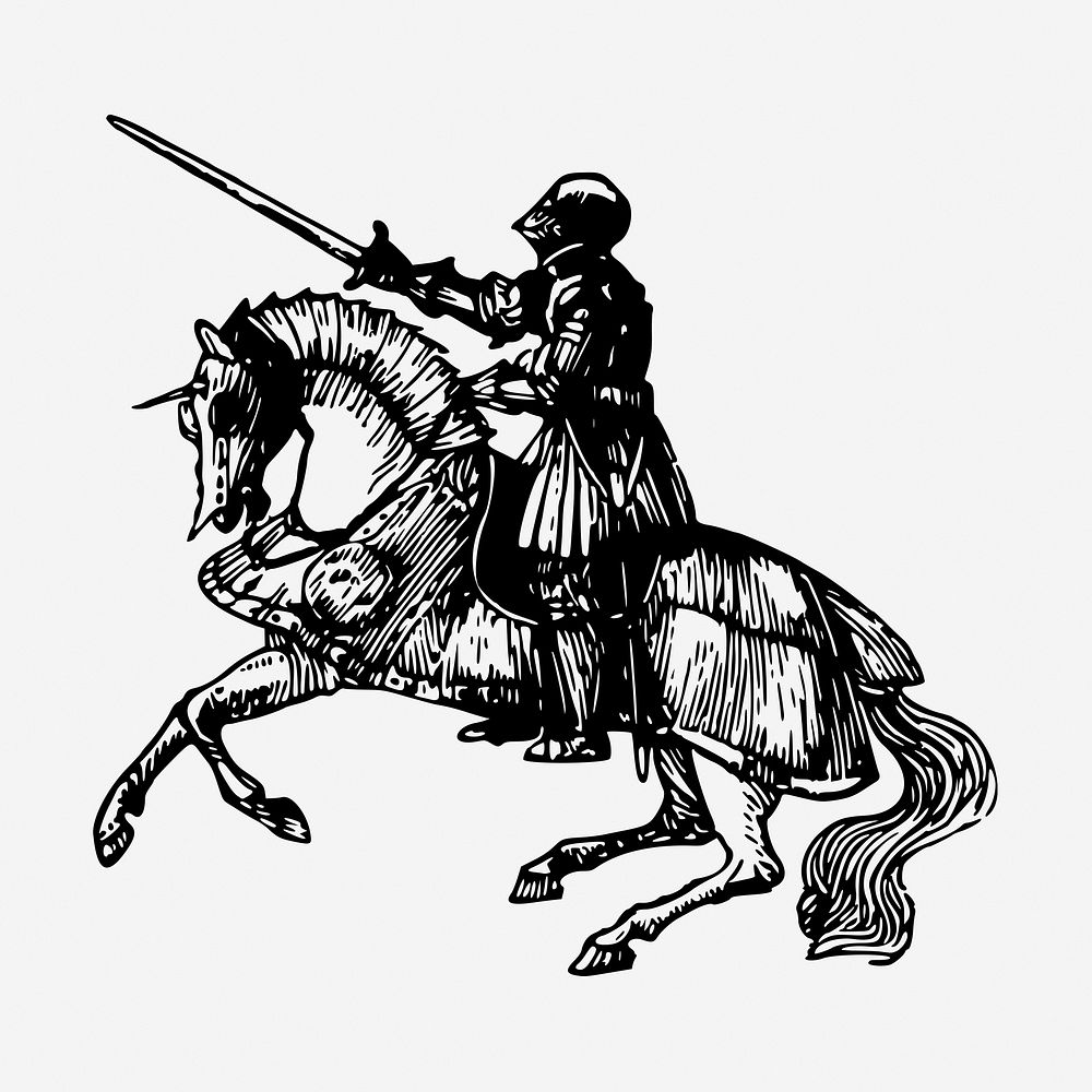 Knight on horse hand drawn illustration. Free public domain CC0 image.