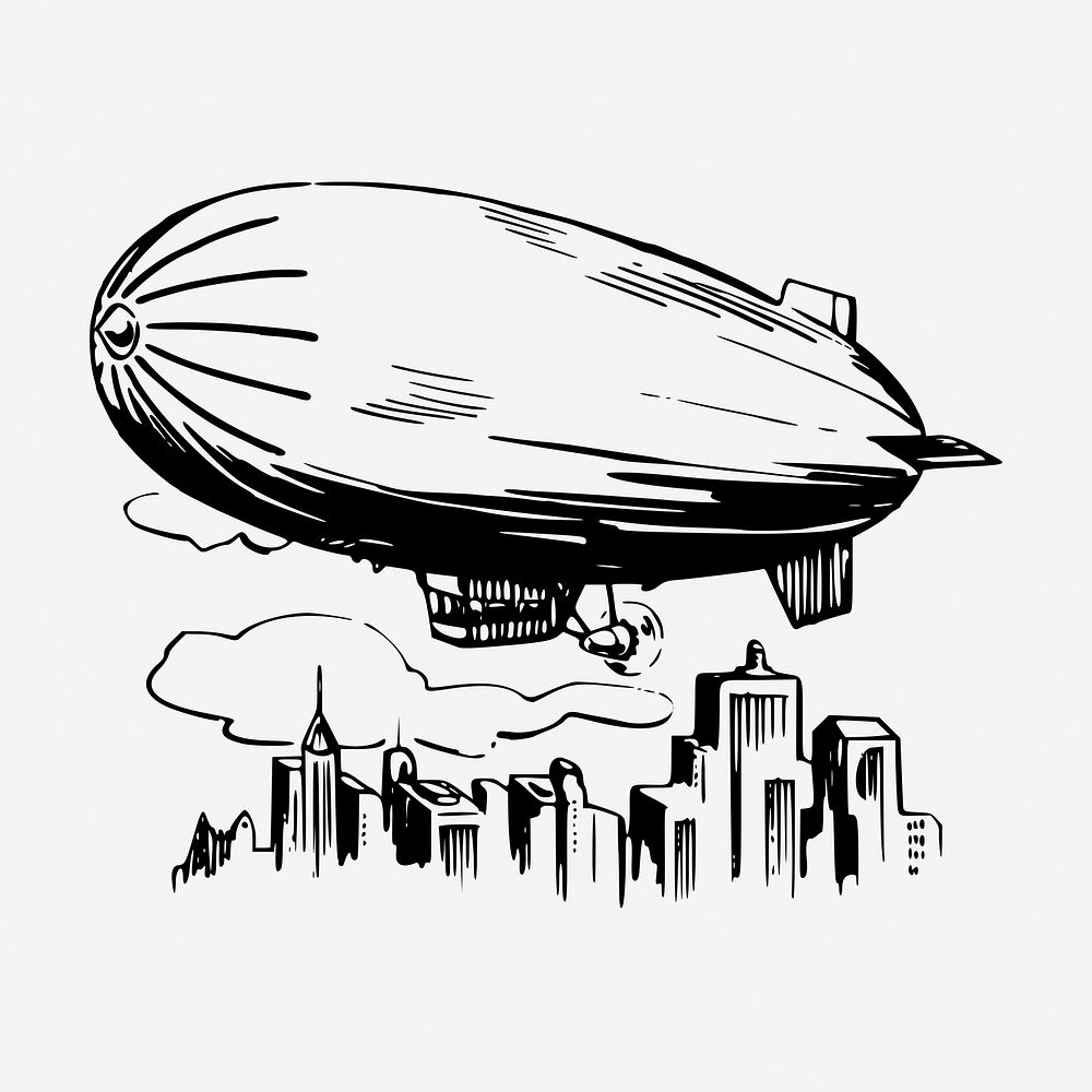 Blimp airship hand drawn illustration. Free public domain CC0 image.