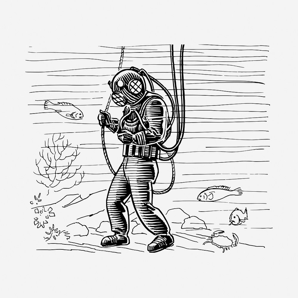 Scuba diver hand drawn illustration. Free public domain CC0 image.