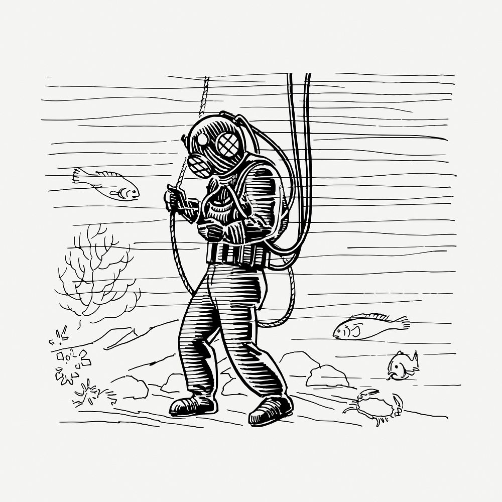 Scuba diver drawing, vintage illustration psd. Free public domain CC0 image.