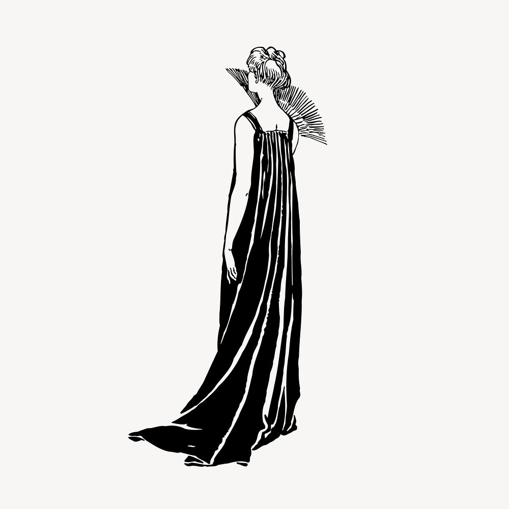 Elegant woman in long dress, vintage drawing, rear view vector. Free public domain CC0 image.