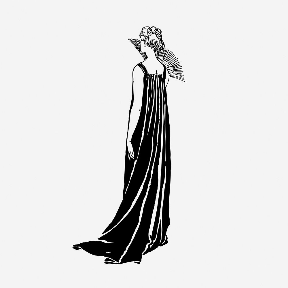 Elegant woman in long dress, vintage drawing, rear view. Free public domain CC0 image.