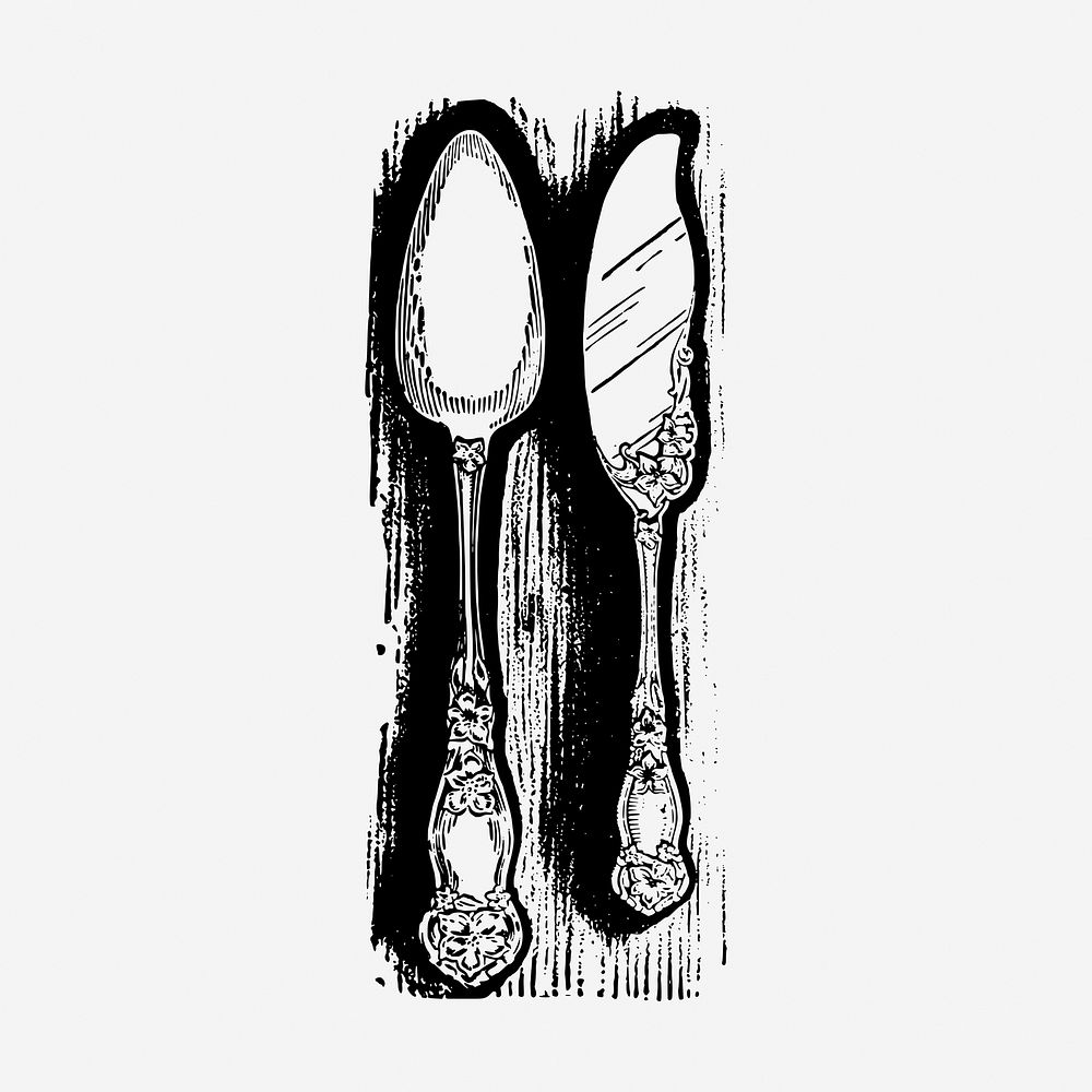 Vintage spoon, knife, cutlery drawing. Free public domain CC0 image.