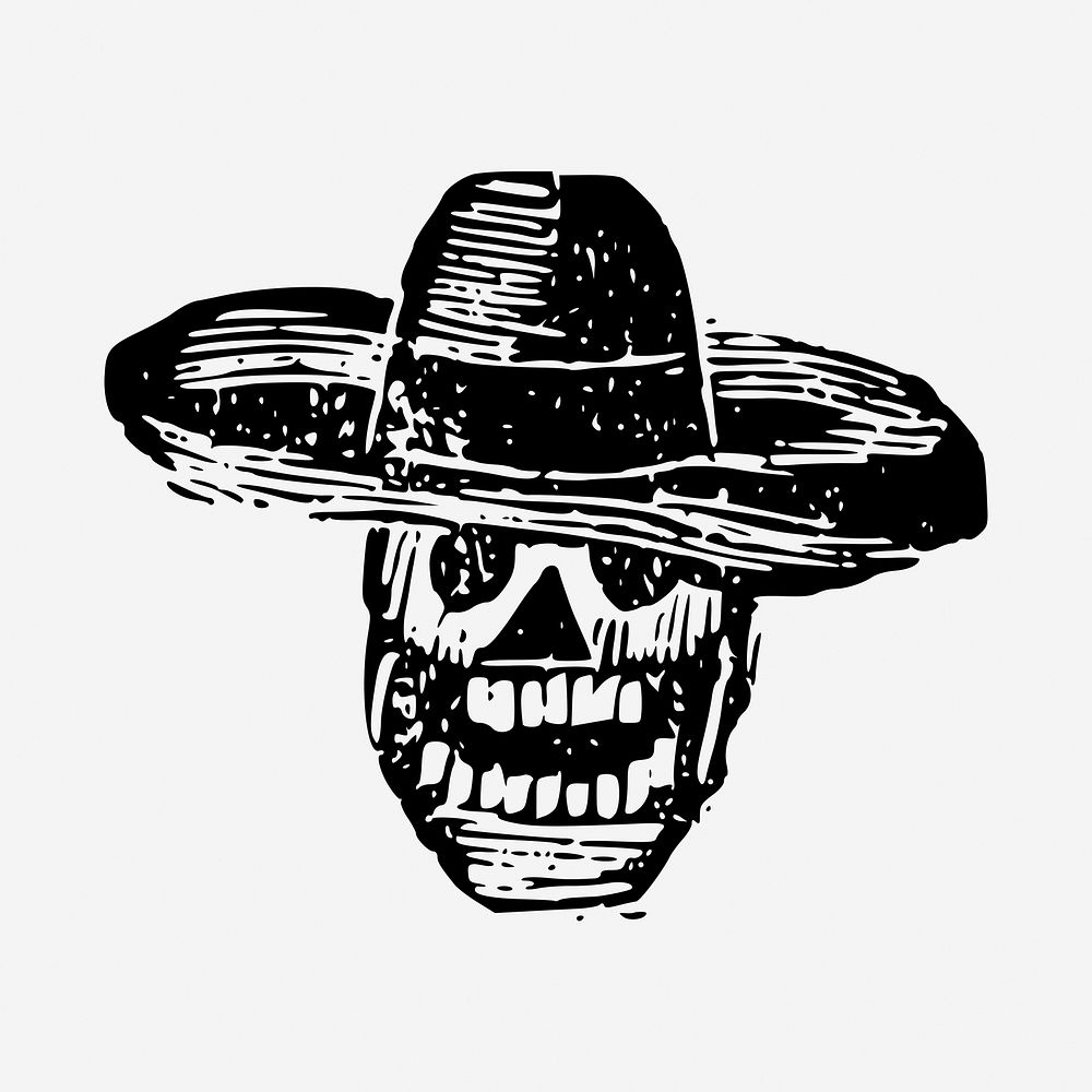 Mexican sombrero skull hand drawn illustration. Free public domain CC0 image.