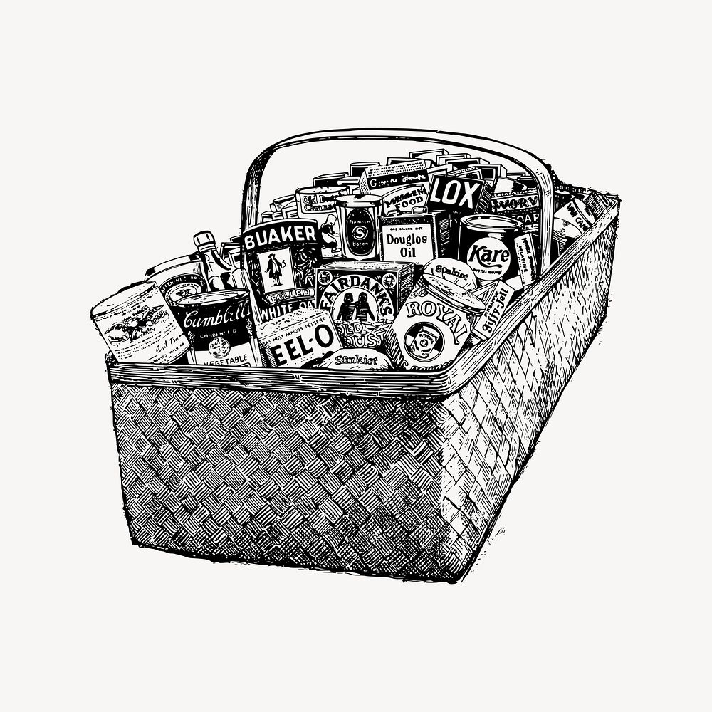 Canned food basket drawing, vintage illustration vector. Free public domain CC0 image.