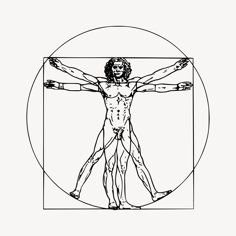 Leonardo da Vinci inspired Vitruvian man drawing, human anatomy illustration vector. Free public domain CC0 image.