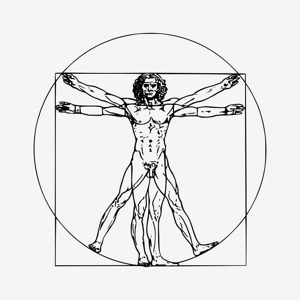 Leonardo da Vinci inspired Vitruvian man drawing, human anatomy illustration psd. Free public domain CC0 image.