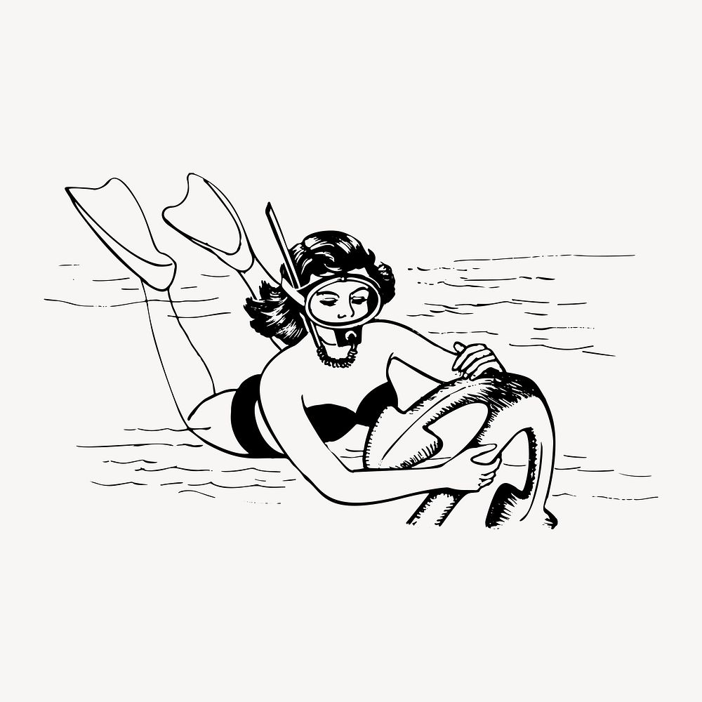 Woman scuba diving clipart, vintage illustration vector. Free public domain CC0 image.