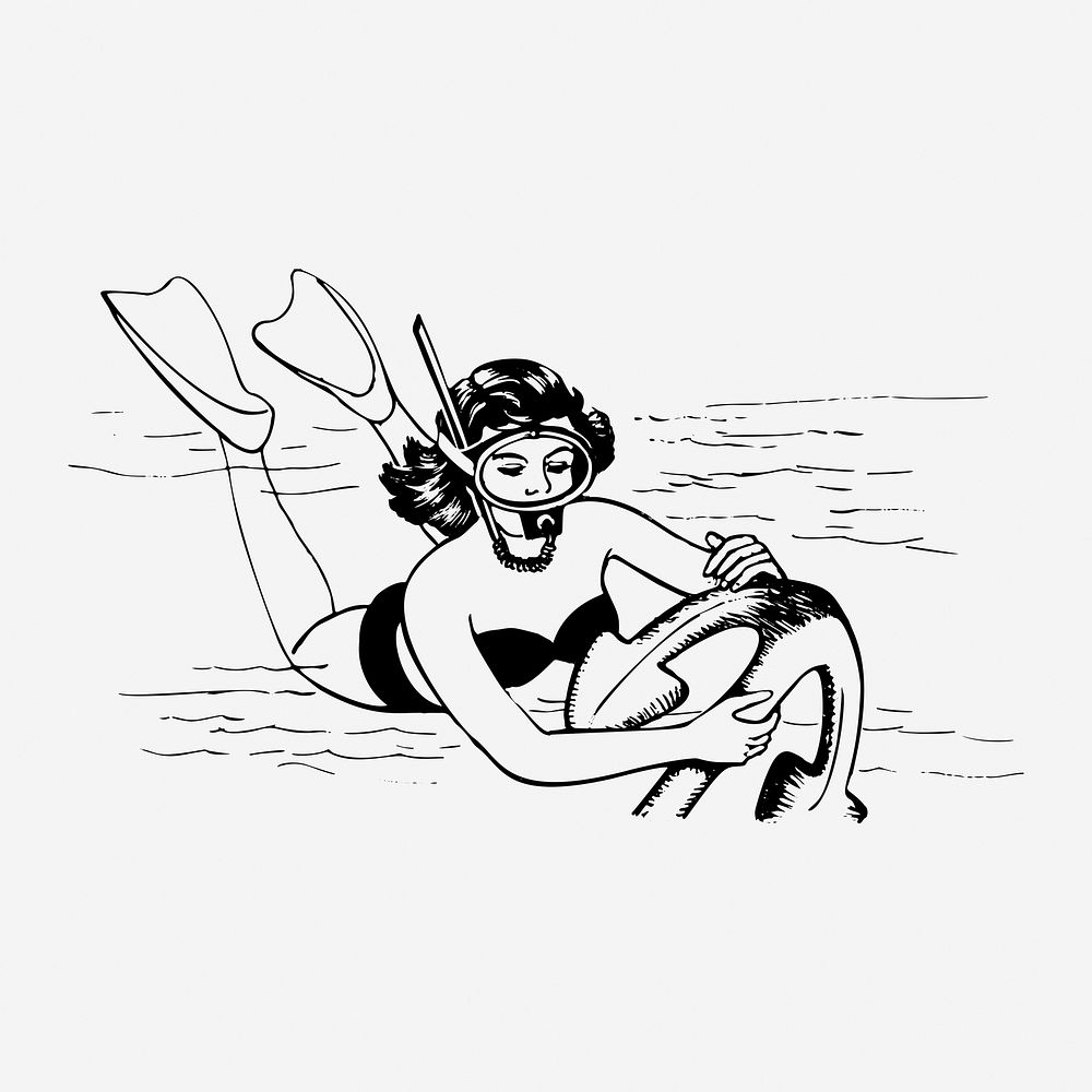 Woman scuba diving clipart, vintage illustration. Free public domain CC0 image.