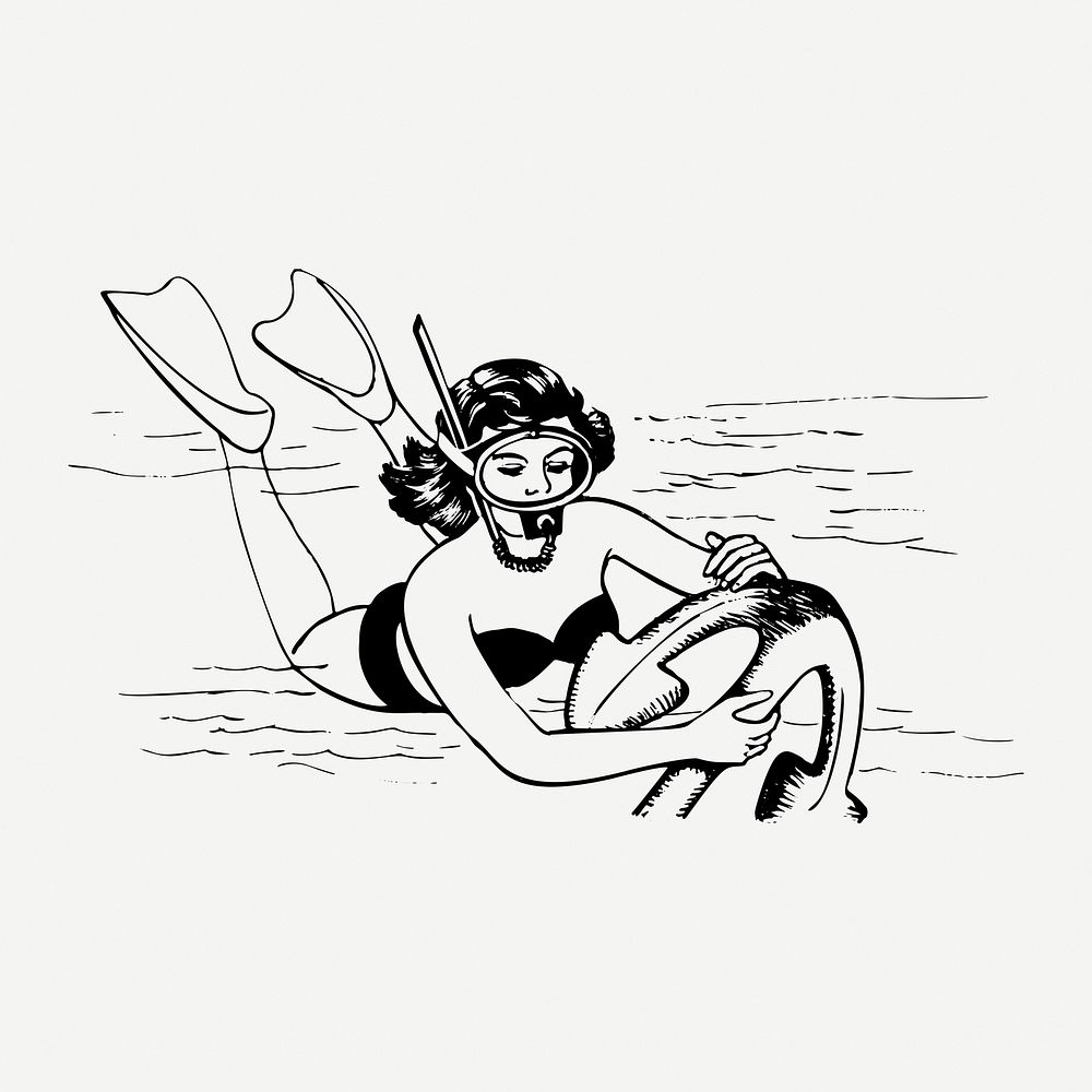 Woman scuba diving drawing, vintage illustration psd. Free public domain CC0 image.