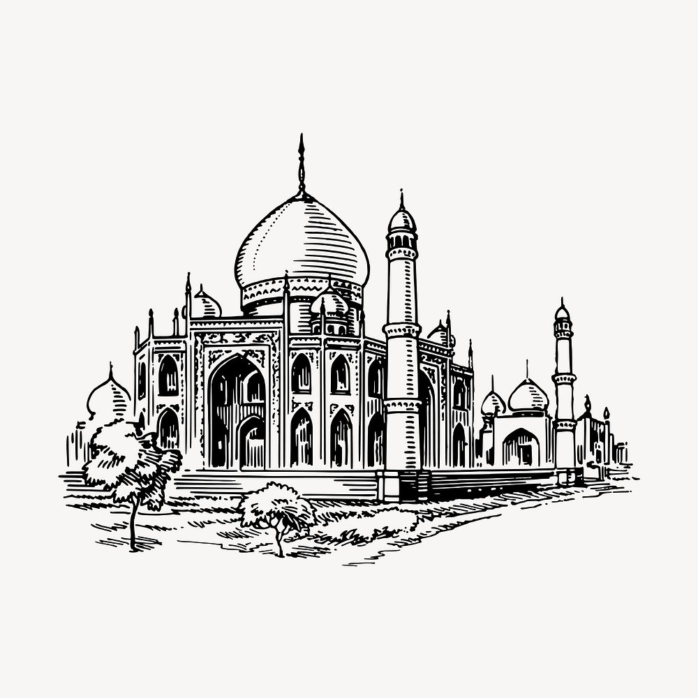 Taj Mahal mosque drawing, hand drawn historical illustration vector. Free public domain CC0 image.