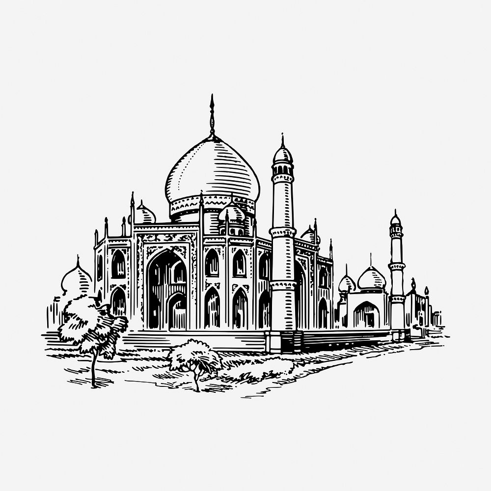 Taj Mahal mosque drawing, hand drawn historical illustration. Free public domain CC0 image.