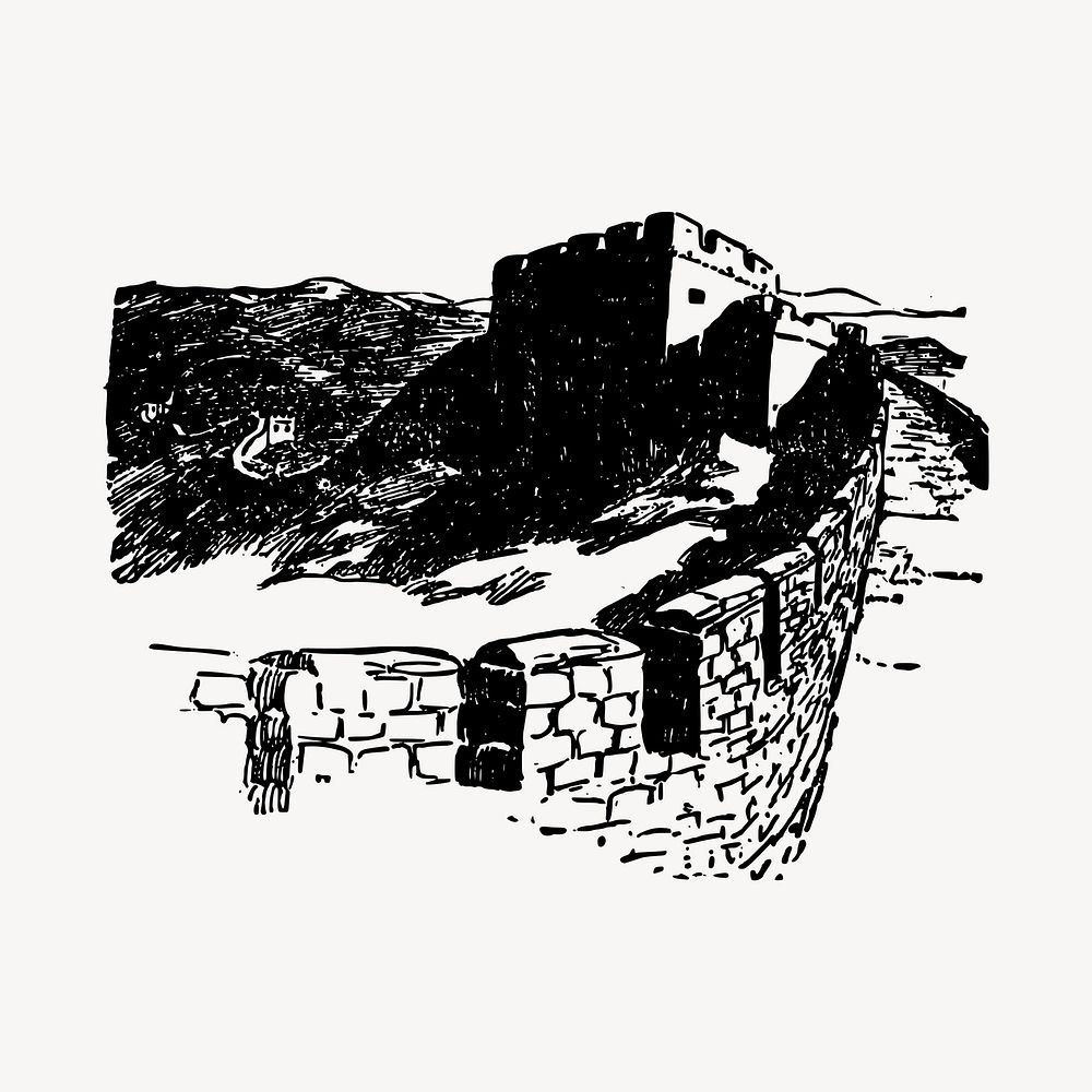 Great Wall of China drawing, famous attraction illustration vector. Free public domain CC0 image.