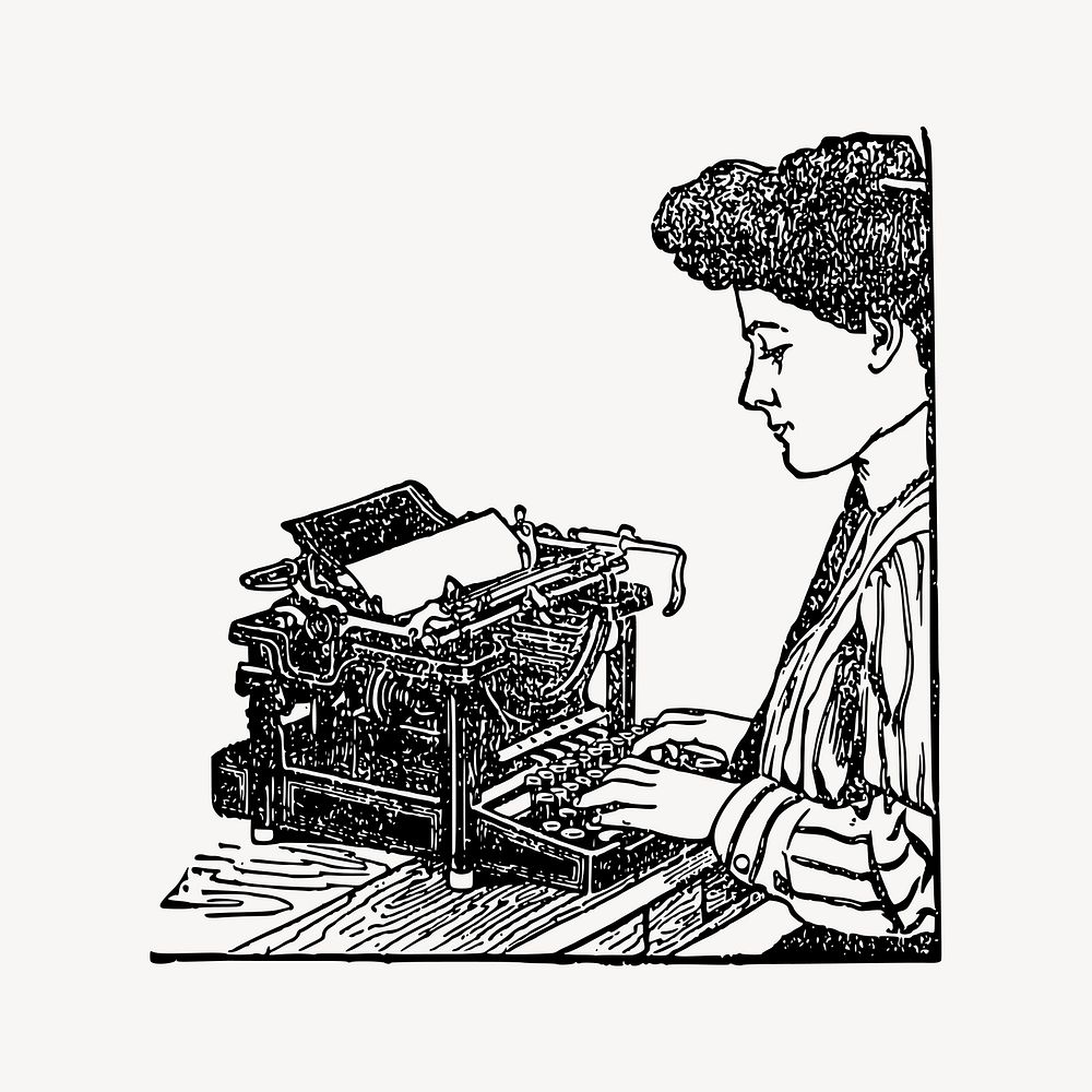 Woman using typewriter vintage drawing vector. Free public domain CC0 image.