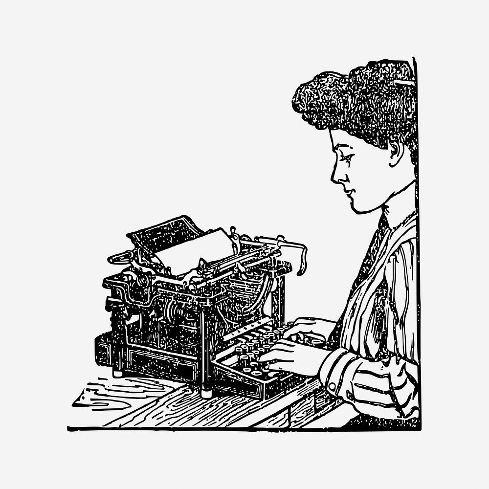 Woman using typewriter vintage drawing. Free public domain CC0 image.