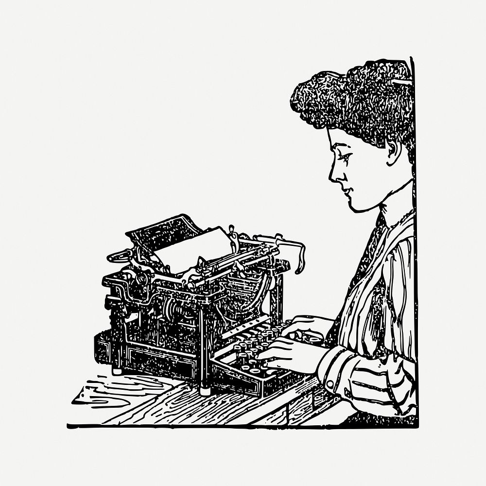 Woman using typewriter vintage drawing psd. Free public domain CC0 image.