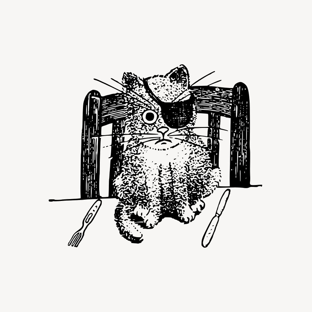 Funny pirate kitten drawing, animal illustration vector. Free public domain CC0 image.