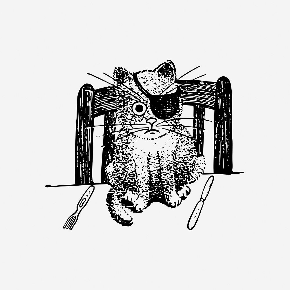 Funny pirate kitten drawing, animal illustration. Free public domain CC0 image.