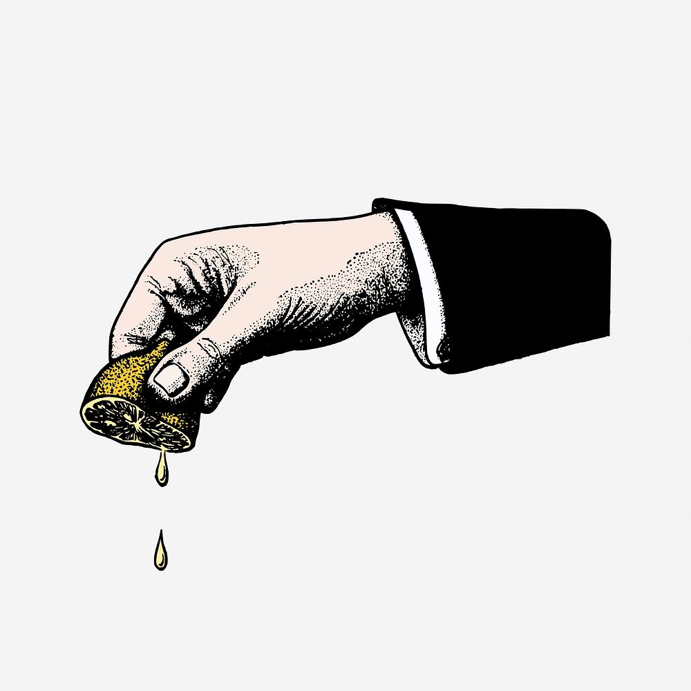 Vintage hand squeezing lemon hand drawn illustration. Free public domain CC0 image.