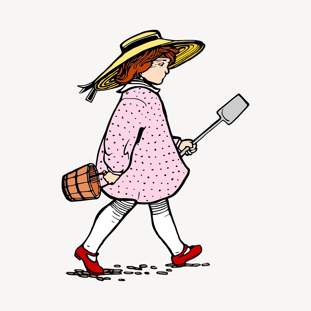 Girl holding shovel clipart, vintage kid illustration vector. Free public domain CC0 image.