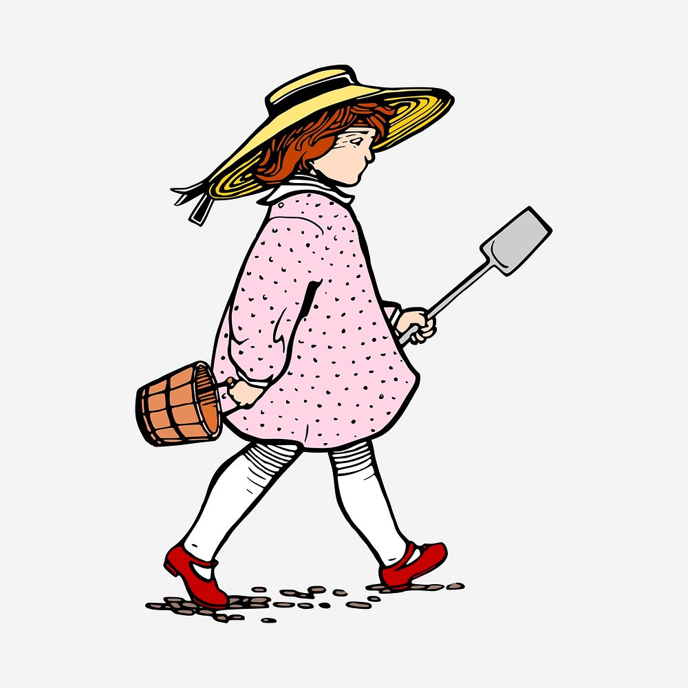 Girl holding shovel clipart, vintage kid illustration. Free public domain CC0 image.